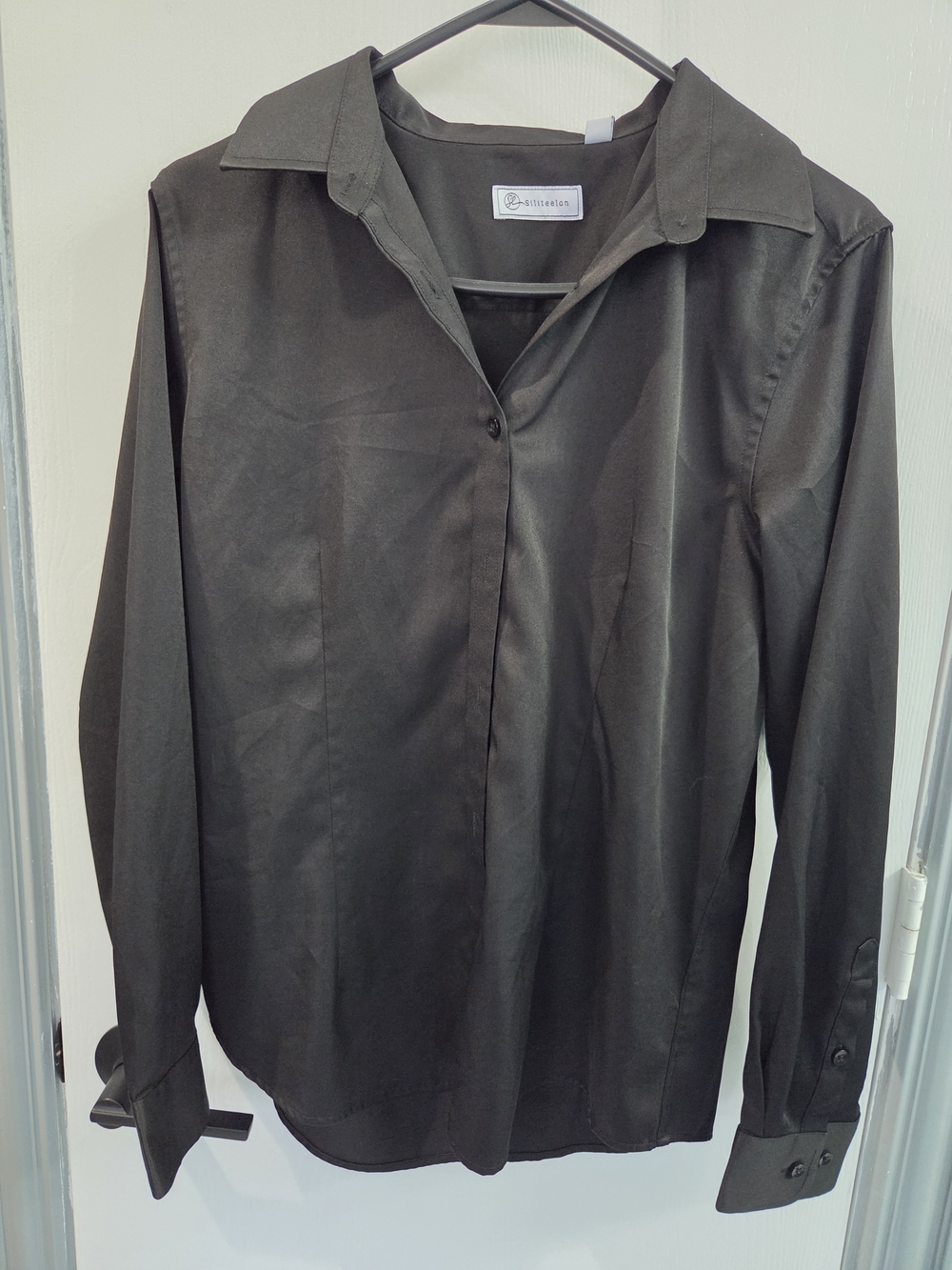 Siliteelon Black Satin Silk Long Sleeve Button Down Blouse Shirt Medium